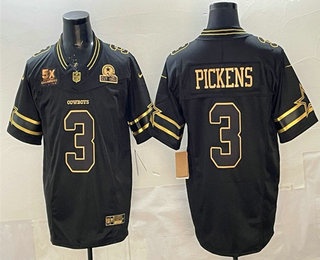 Men's Dallas Cowboys #3 George pickens Black Gold 2025 FUSE 5x Super Bowl Champions Vapor Limited Stitched Jersey