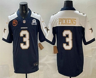 Men's Dallas Cowboys #3 George pickens Navy FUSE With John Madden Patch Thanksgiving Vapor Limited Stitched Jersey