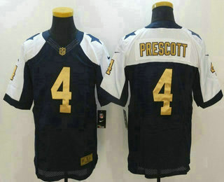 Men's Dallas Cowboys #4 Dak Prescott Navy Blue Thanksgiving With Gold Stitched NFL Elite Jersey