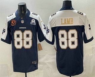 Men's Dallas Cowboys #88 CeeDee Lamb Navy FUSE John Madden Patch Thanksgiving Vapor Limited Stitched Jersey