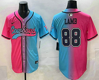 Men's Dallas Cowboys #88 CeeDee Lamb Pink Blue Split Limited Baseball Jersey
