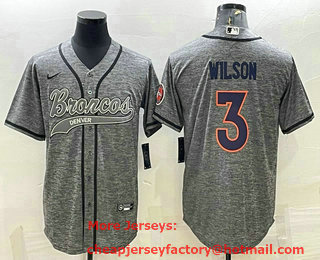 Men's Denver Broncos #3 Russell Wilson Grey Gridiron With Patch Cool Base Stitched Baseball Jersey
