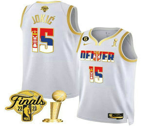 Men's Denver Nuggets #15 Nikola Jokic 2023 White Gold  Flag Finals Champions Stitched Basketball Jersey