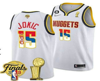 Men's Denver Nuggets #15 Nikola Jokic 2023 White Gold Flag Finals Champions 6 Patch Stitched Jersey