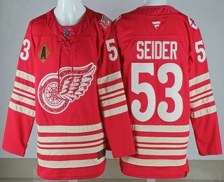 Men's Detroit Red Wings #53 Moritz Seider Red With A Patch Centennial Authentic Jersey