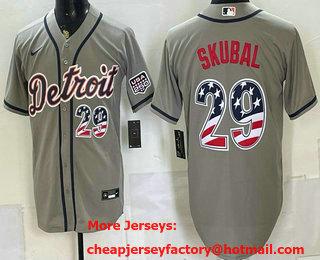 Men's Detroit Tigers #29 Tarik Skubal Grey 2026 USA 250 Fourth of July Stitched Jersey