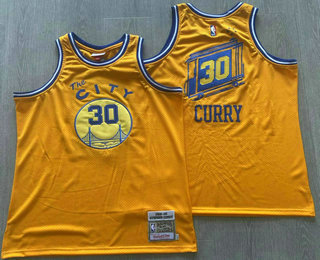 Men's Golden State Warriors #30 Stephen Curry The City Yellow Throwback AU Jersey