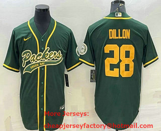 Men's Green Bay Packers #28 AJ Dillon Green Yellow With Patch Cool Base Stitched Baseball Jersey