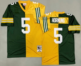 Men's Green Bay Packers #5 Paul Hornung Green Yellow Split 1961 Throwback Jersey