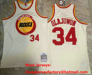 Men's Houston Rockets #34 Hakeem Olajuwon Cream Chainstitch Throwback AU Jersey