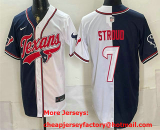 Men's Houston Texans #7 CJ Stroud Navy White Split With Patch Cool Base Stitched Baseball Jersey