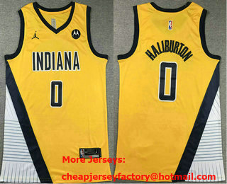 Men's Indiana Pacers #0 Tyrese Haliburton Yellow Sponsor Stitched Jersey