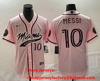 Men's Inter Miami CF #10 Lionel Messi Pink Cool Base Stitched Baseball Jersey
