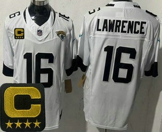 Men's Jacksonville Jaguars #16 Trevor Lawrence Limited White Captain Patch FUSE Vapor Jersey