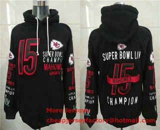 Men's Kansas City Chiefs #15 Patrick Mahomes Black Super Bowl LIV Champions Hoodies