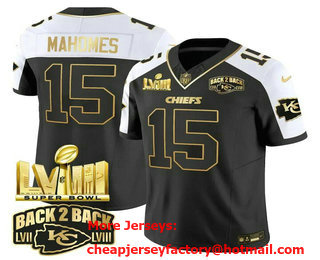 Men's Kansas City Chiefs #15 Patrick Mahomes Black White 2024 FUSE Super Bowl LVIII Patch Vapor Limited Stitched Jersey