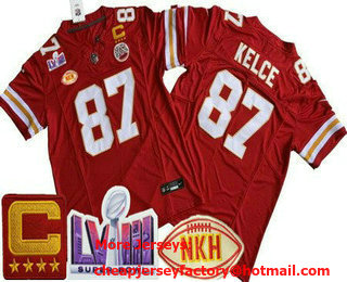 Men's Kansas City Chiefs #87 Travis Kelce Limited Red NKH C Patch LVIII Super Bowl FUSE Vapor Jersey