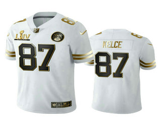 Men's Kansas City Chiefs #87 Travis Kelce White Super Bowl LIV Golden Edition Jersey