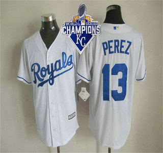 Men's Kansas City Royals #13 Salvador Perez Home White 2015 MLB Cool Base Jersey With 2015 World Series Champions Patch