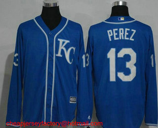 Men's Kansas City Royals #13 Salvador Perez Navy Blue KC Long Sleeve Stitched MLB Cool Base Jersey