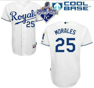 Men's Kansas City Royals #25 Kendrys Morales White Jersey With 2015 World Series Champions Patch
