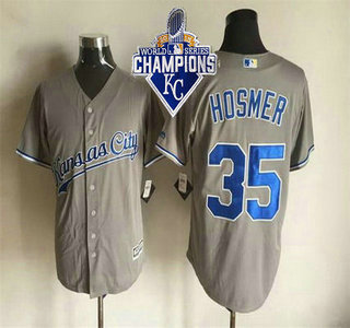 Men's Kansas City Royals #35 Eric Hosmer Gray Road 2015 MLB Cool Base Jersey With 2015 World Series Champions Patch