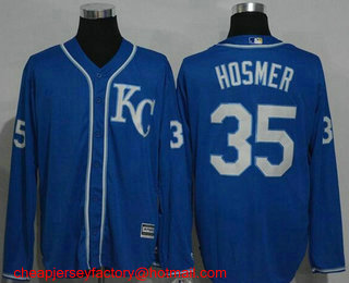 Men's Kansas City Royals #35 Eric Hosmer Navy Blue KC Long Sleeve Stitched MLB Cool Base Jersey