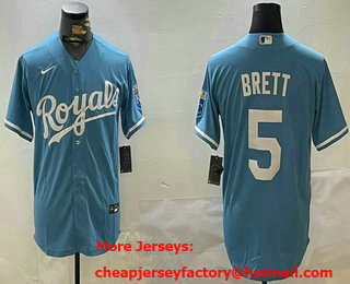 Men's Kansas City Royals #5 George Brett Light Blue With Patch Cool Base Stitched Jersey