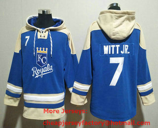 Men's Kansas City Royals #7 Bobby Witt Jr Blue Ageless Must Have Lace Up Pullover Hoodie