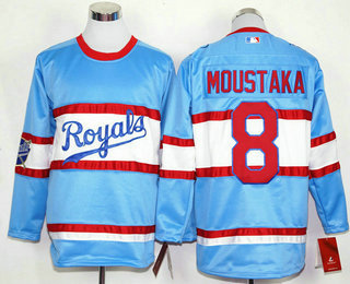 Men's Kansas City Royals #8 Mike Moustakas Light Blue Long Sleeve Baseball Jersey