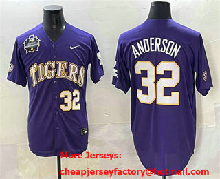 Men's LSU Tigers #32 Kade Anderson Purple 2025 World Series Stitched Baseball Jersey