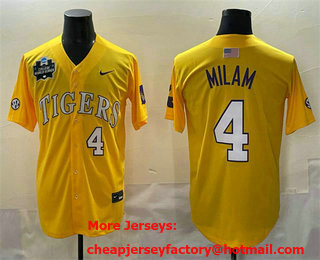 Men's LSU Tigers #4 Steven Milam Gold 2025 World Series Stitched Baseball Jersey