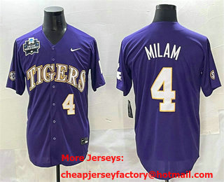 Men's LSU Tigers #4 Steven Milam Purple 2025 World Series Stitched Baseball Jersey