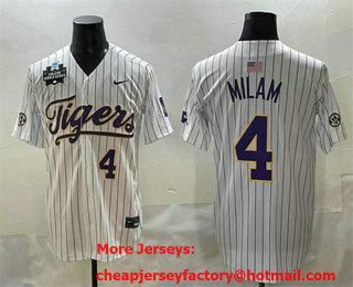 Men's LSU Tigers #4 Steven Milam White Pinstripe 2025 World Series Stitched Baseball Jersey