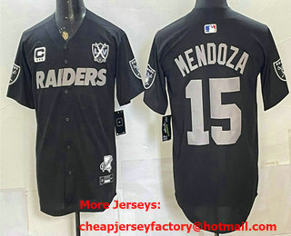 Men's Las Vegas Raiders #15 Fernando Mendoza Black C Patch Nevada Silver Stat Patch And 65th Baseball Jersey
