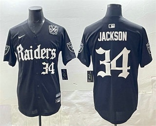 Men's Las Vegas Raiders #34 Bo Jackson Black 65TH Patch Limited Fashion Baseball Jersey