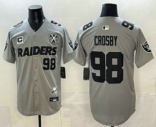 Men's Las Vegas Raiders #98 Maxx Crosby Grey Nevada Silver State And 65th Patch Stitched Baseball Jersey