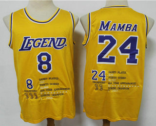 Men's Legend #8 #24 Black Mamba Yellow Classic Commemorative Edition Jersey