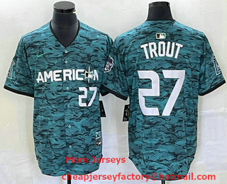 Men's Los Angeles Angels #27 Mike Trout Number Teal 2023 All Star Cool Base Stitched Jersey