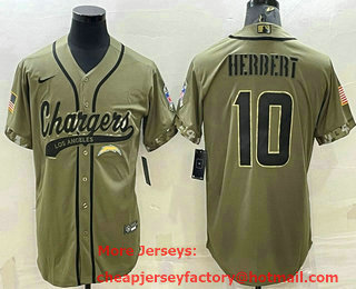 Men's Los Angeles Chargers #10 Justin Herbert Olive Salute to Service Cool Base Stitched Baseball Jersey