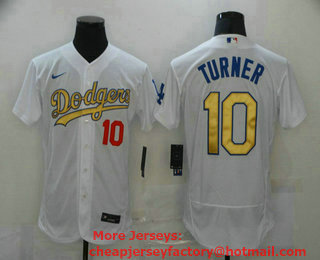 Men's Los Angeles Dodgers #10 Justin Turner 2020 White Gold  Sttiched Nike MLB Jersey