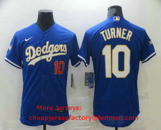 Men's Los Angeles Dodgers #10 Justin Turner Blue Gold Champions Patch Stitched MLB Flex Base Nike Jersey