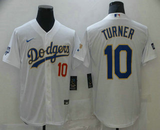 Men's Los Angeles Dodgers #10 Justin Turner Red Number White Gold Championship Stitched MLB Cool Base Nike Jersey