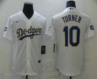 Men's Los Angeles Dodgers #10 Justin Turner White Gold Championship Stitched MLB Cool Base Nike Jersey