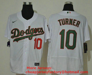 Men's Los Angeles Dodgers #10 Justin Turner White With Green Name Stitched MLB Flex Base Nike Jersey