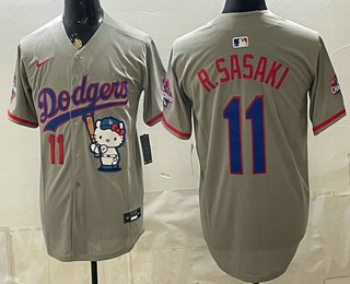 Men's Los Angeles Dodgers #11 Roki Sasaki Grey Hello Kitty 2025 World Series Champions Limited Jersey