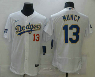 Men's Los Angeles Dodgers #13 Max Muncy White Gold Champions Patch Stitched MLB Flex Base Nike Jersey