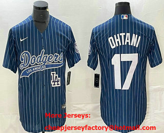 Men's Los Angeles Dodgers #17 Shohei Ohtani Blue Pinstripe Cool Base Stitched Baseball Jersey 02