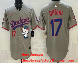 Men's Los Angeles Dodgers #17 Shohei Ohtani Grey Hello Kitty 2025 World Series Champions Limited Jersey