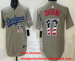 Men's Los Angeles Dodgers #17 Shohei Ohtani Grey USA 250 Patch Stadium Jersey